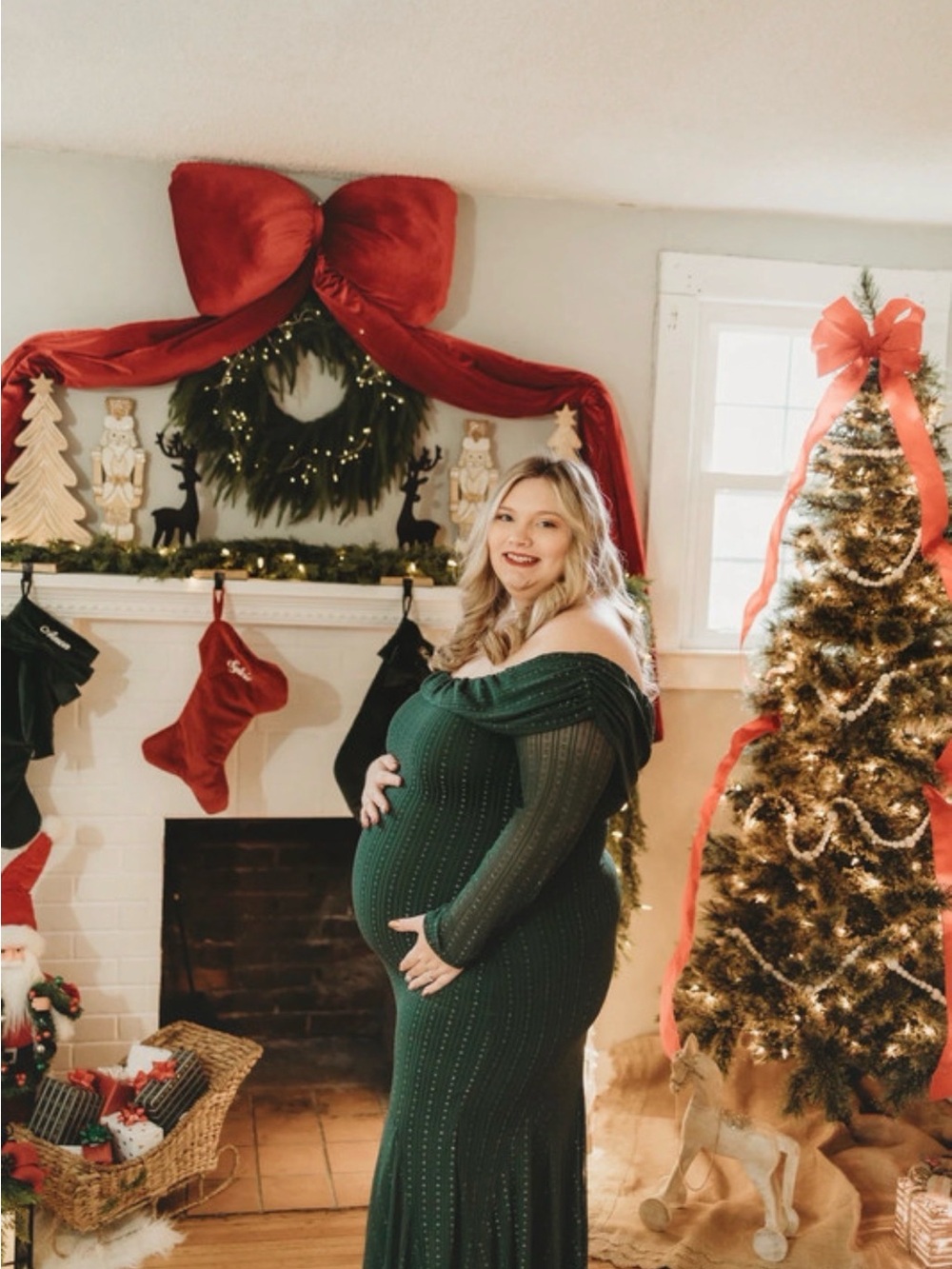 Holiday Maternity Off-Shoulder Knit Gown in Deep Green